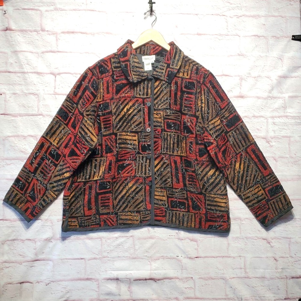 Coldwater Creek‎ Black Red Reversible Tapestry Boho Artsy Y2K Jacket Womens XL